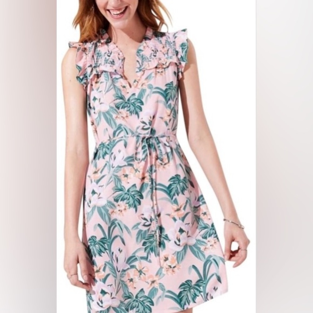 Loft 14” PTP Floral Sleeveless Mini Dress, Size XS, Pink and Green.